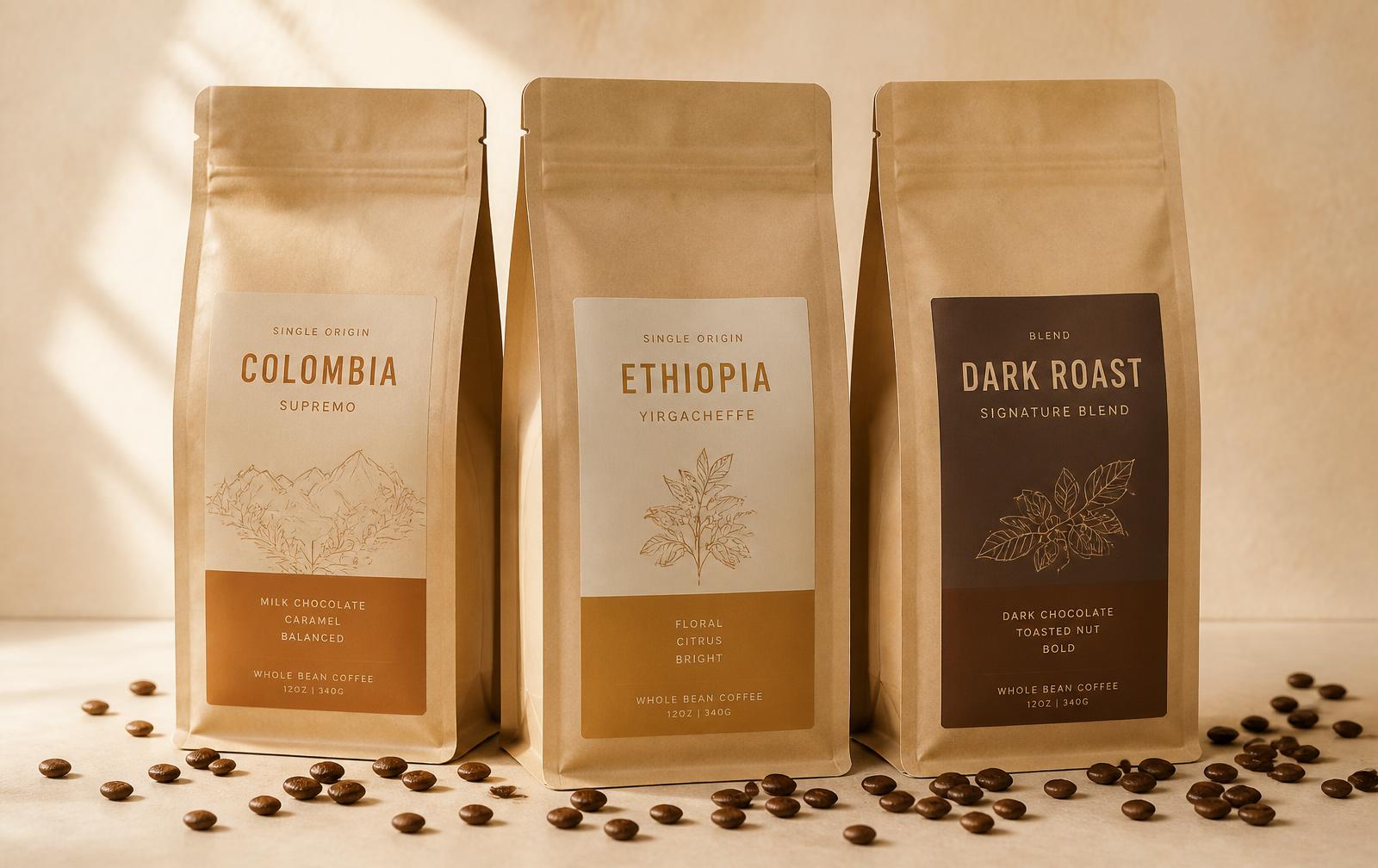 Three kraft coffee bags of whole bean espresso coffee with scattered beans